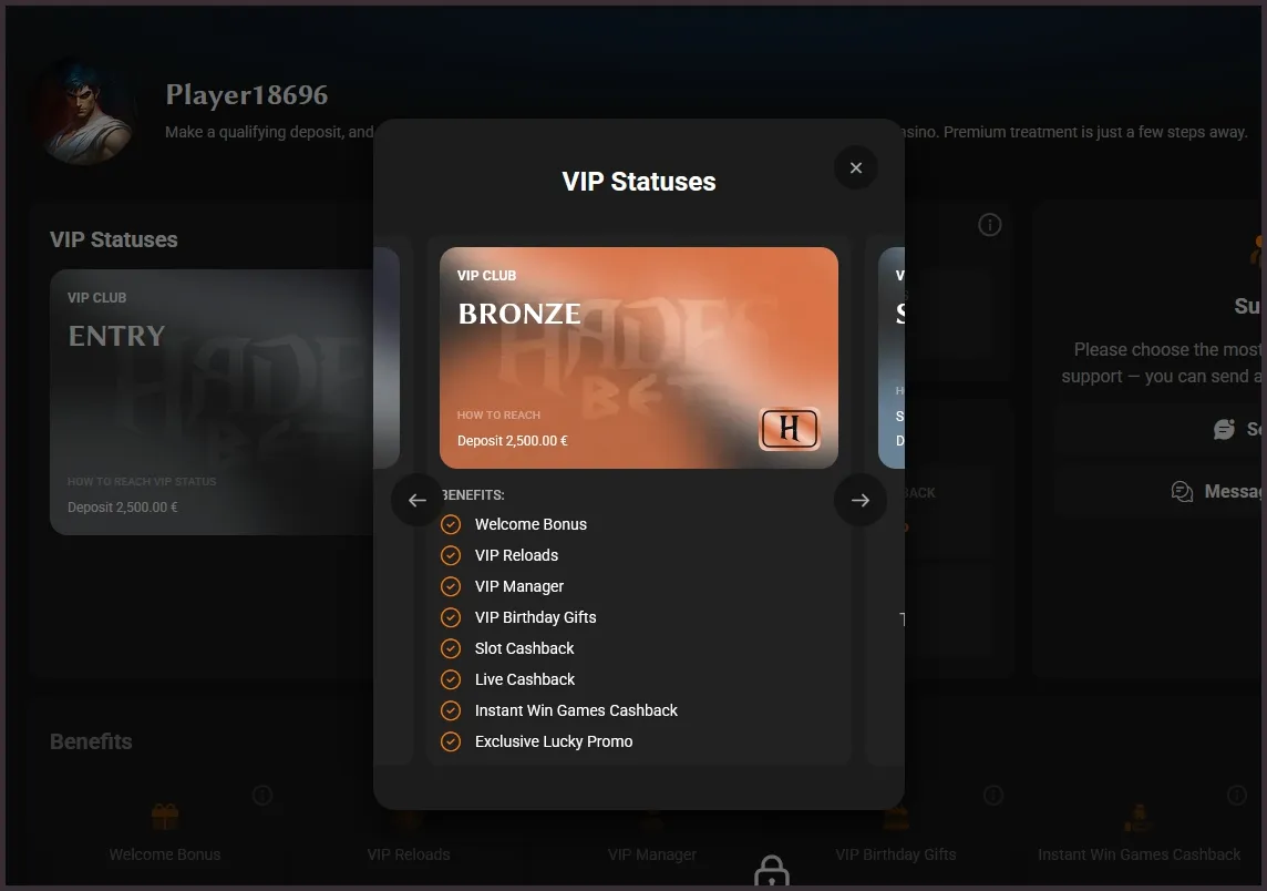 VIP club with exclusive privileges at HadesBet Casino