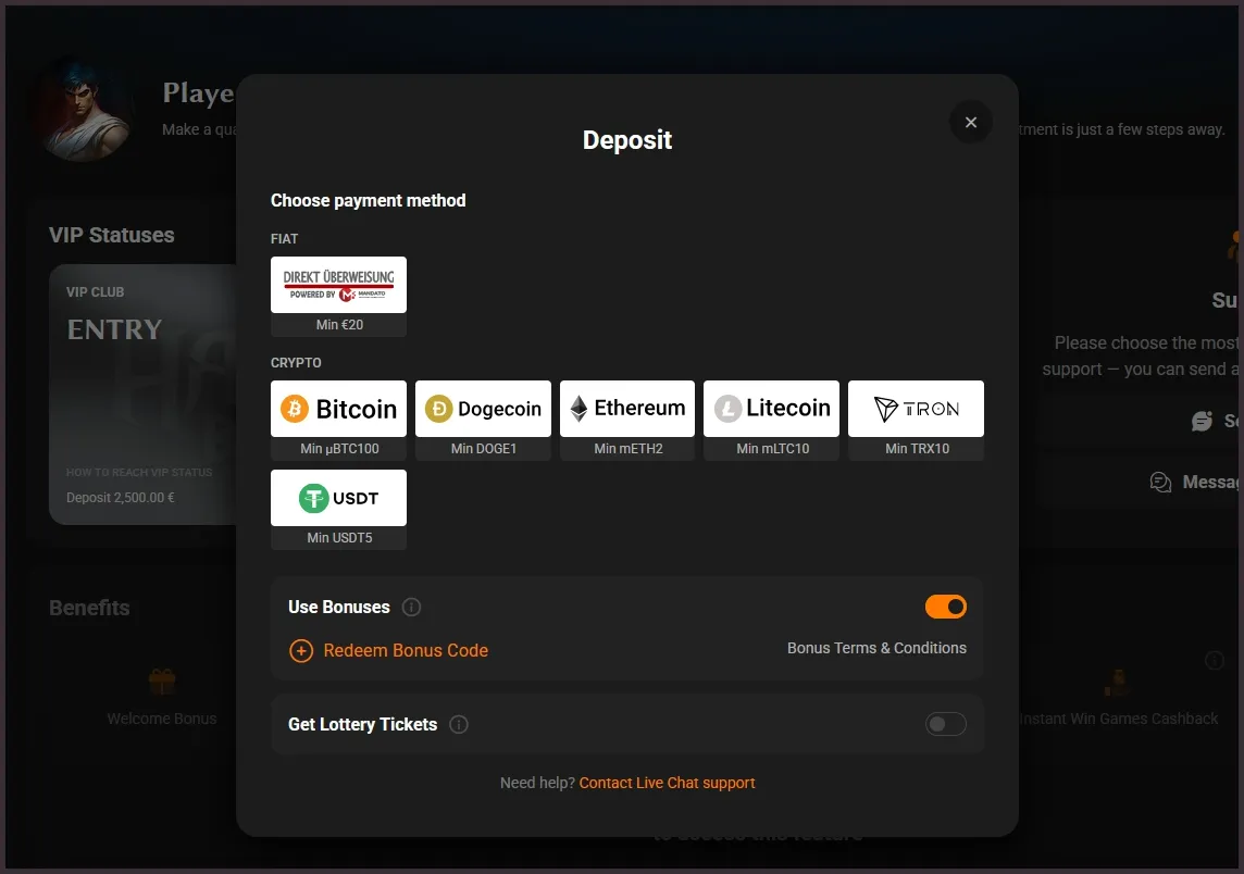 HadesBet Casino payment methods overview