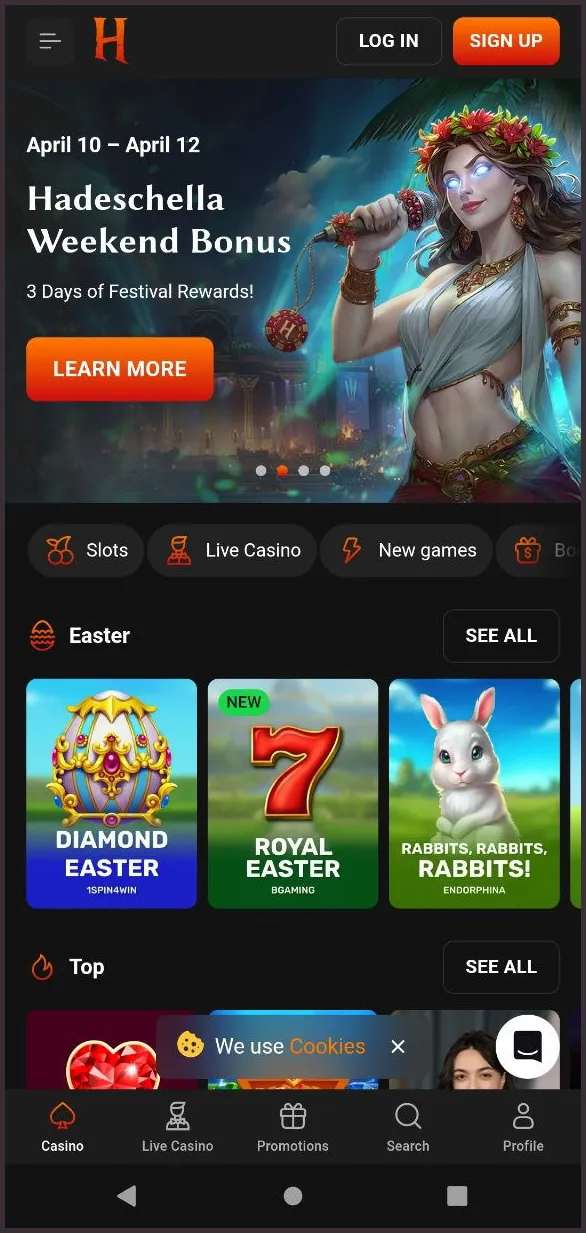 Optimised mobile version of the HadesBet Casinowebsite